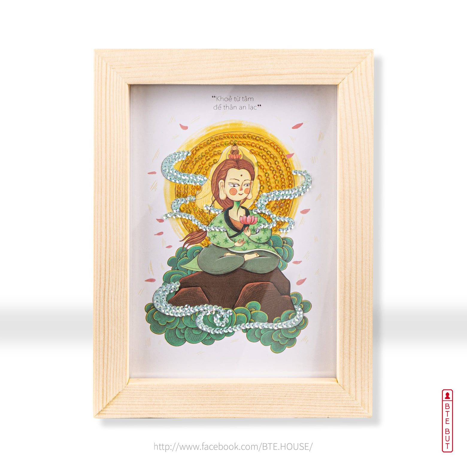 Tranh Kim Sa Hai Mặt - Quan Âm Cầm Sen Cam