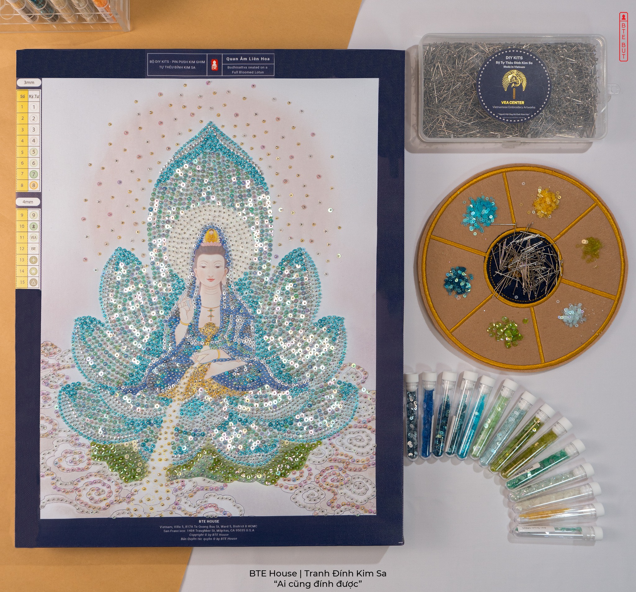BTE Bộ Tự Đính - Quan Âm Liên Hoa - Xanh Lam - Tranh Đính Kim Sa - BT015