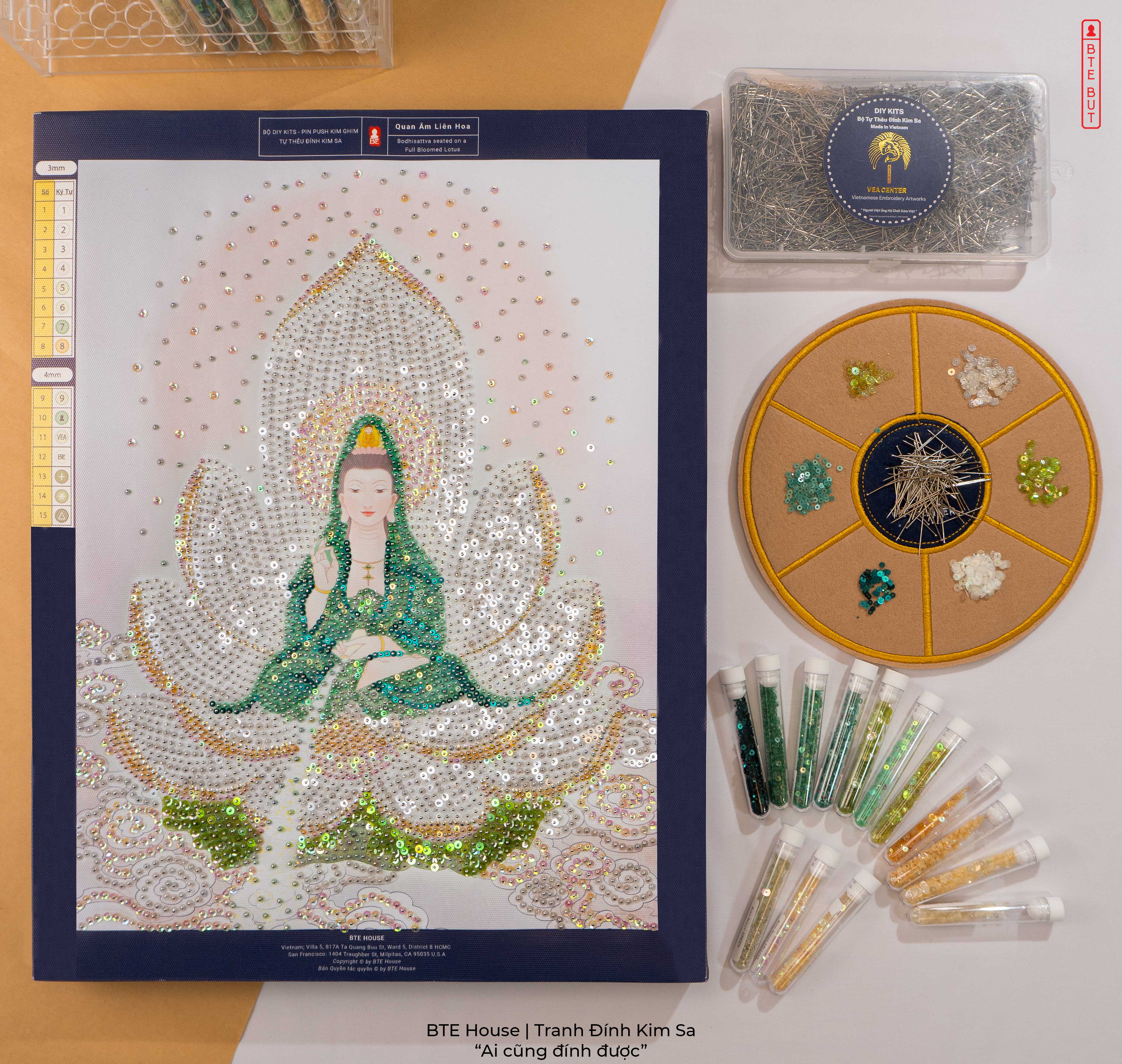 BTE Bộ Tự Đính - Quan Âm Liên Hoa - Xanh Lục - Tranh Đính Kim Sa - BT014