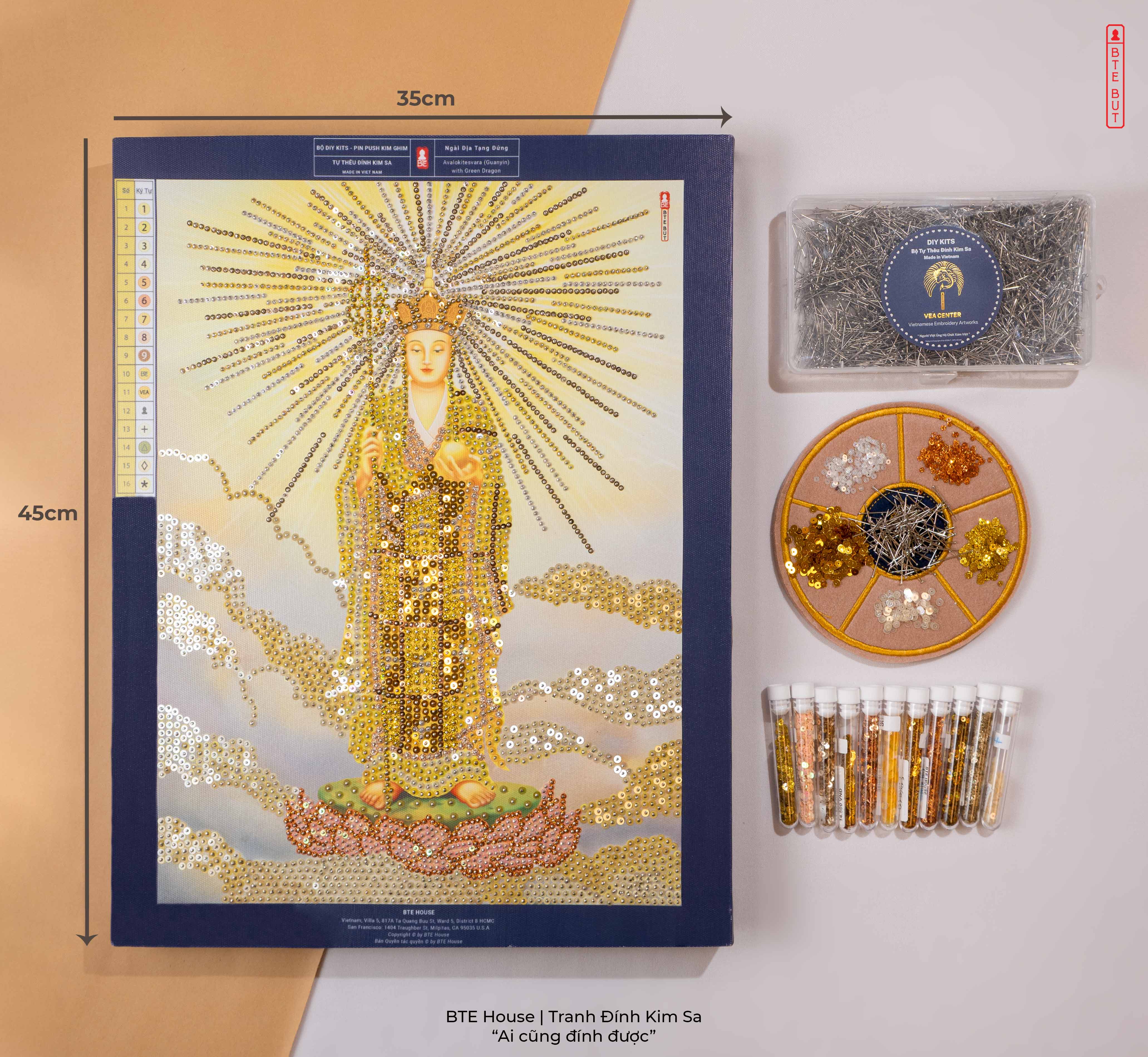 BTE Bộ Tự Đính - Ngài Địa Tạng Đứng Mũ Vàng - Vàng Kim - Tranh Đính Kim Sa - BT035