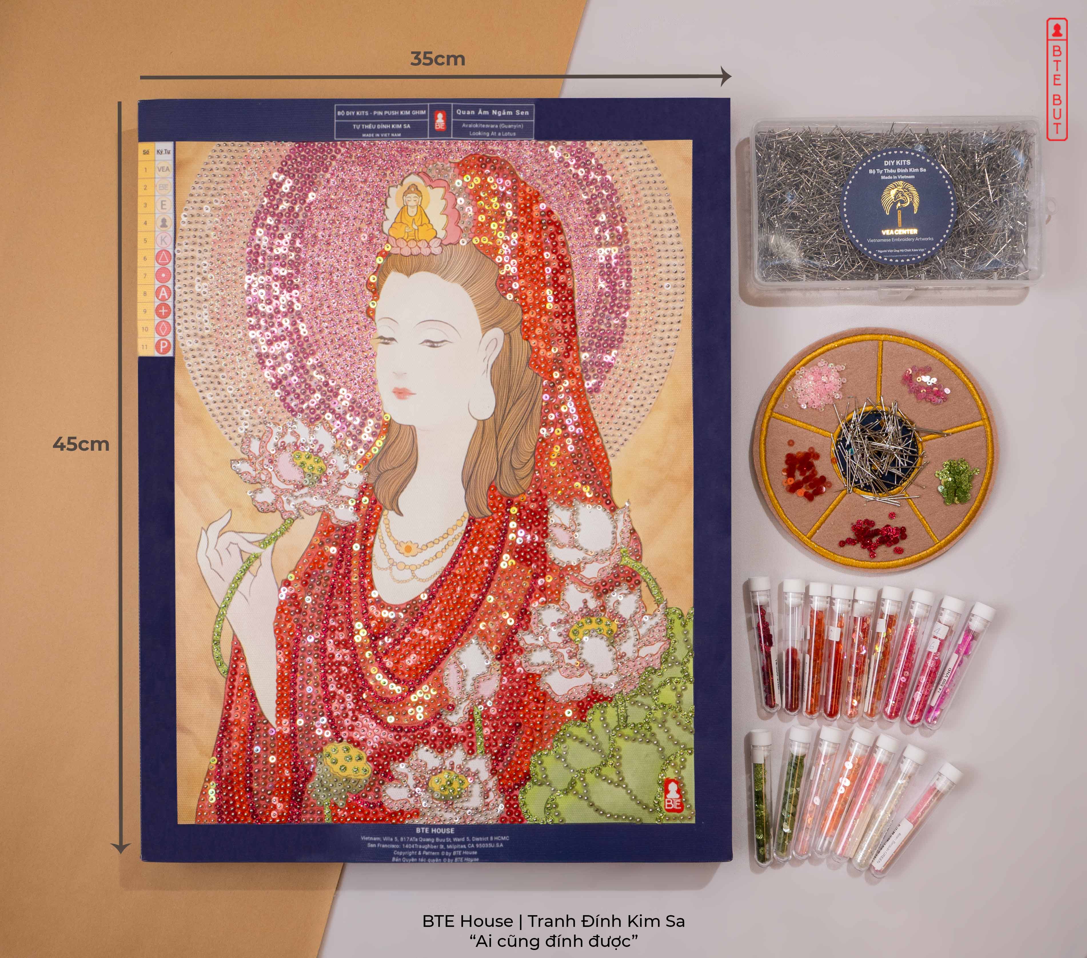 BTE Bộ Tự Đính - Quan Âm Ngắm Sen - Đỏ - Tranh Đính Kim Sa - BT021