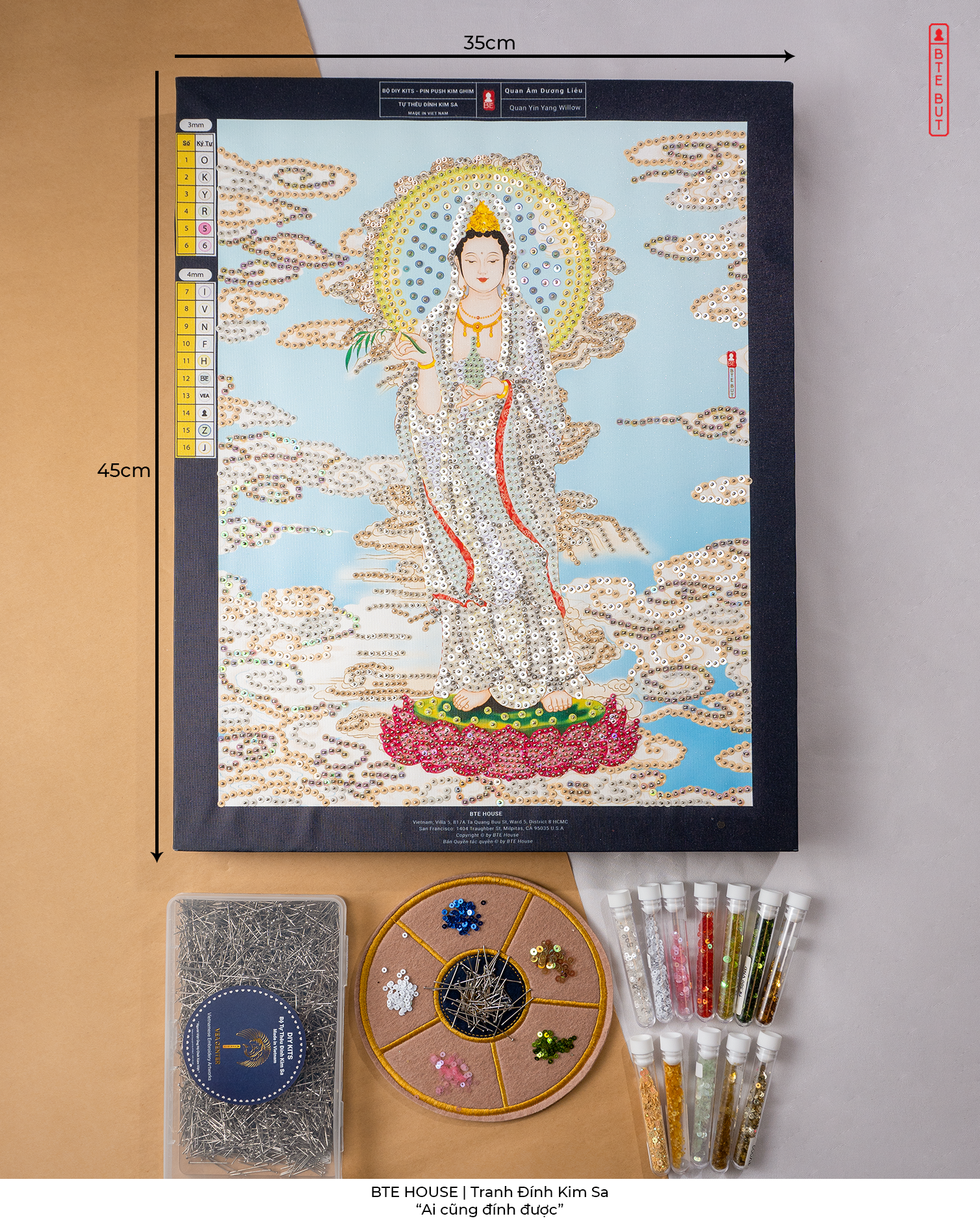 BTE Bộ Tự Đính - Quan Âm Dương Liễu - Trắng - Tranh Đính Kim Sa - BT026
