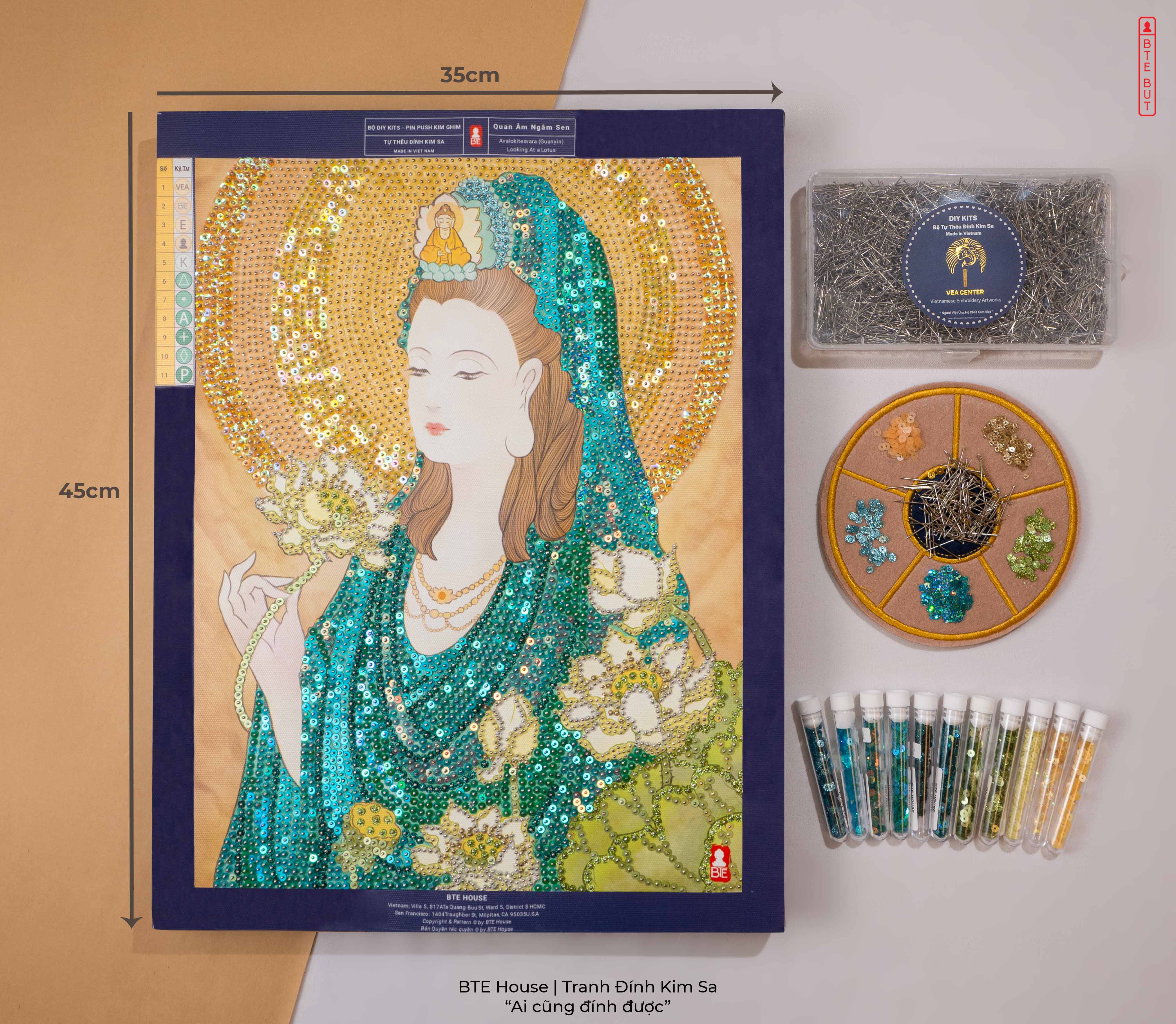 BTE Bộ Tự Đính - Quan Âm Ngắm Sen - Xanh Lục - Tranh Đính Kim Sa - BT025