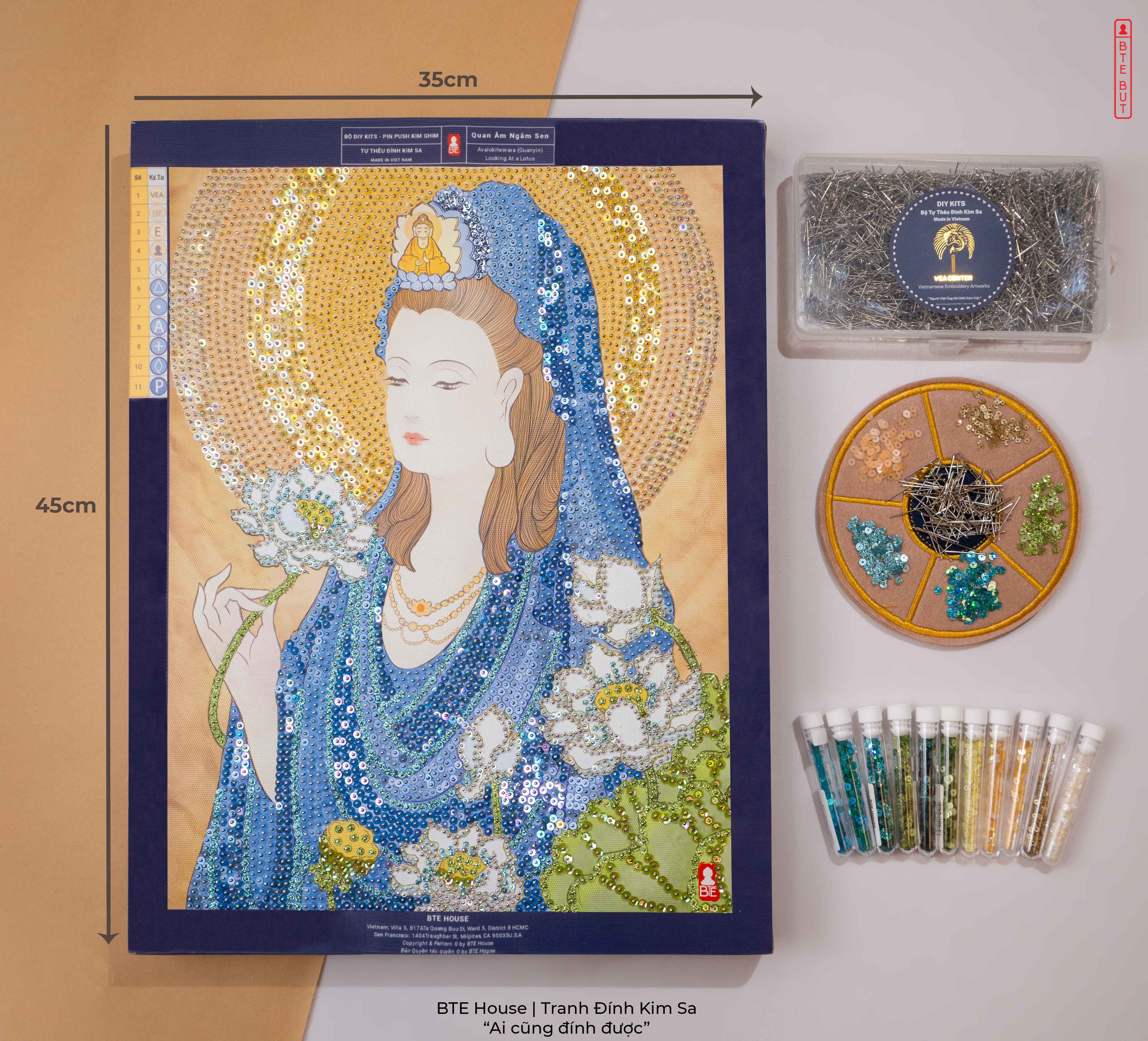 BTE Bộ Tự Đính - Quan Âm Ngắm Sen - Xanh Dương - Tranh Đính Kim Sa - BT024