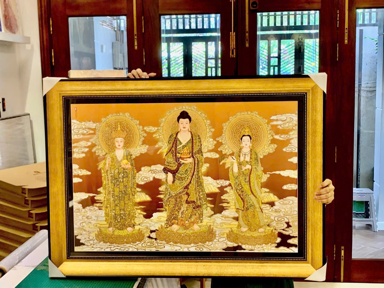 BTE DIY - Tam Thánh Phật Dược Sư - Vàng - TT005 - Tranh Đính Kim Sa - Sahā World and The Buddha